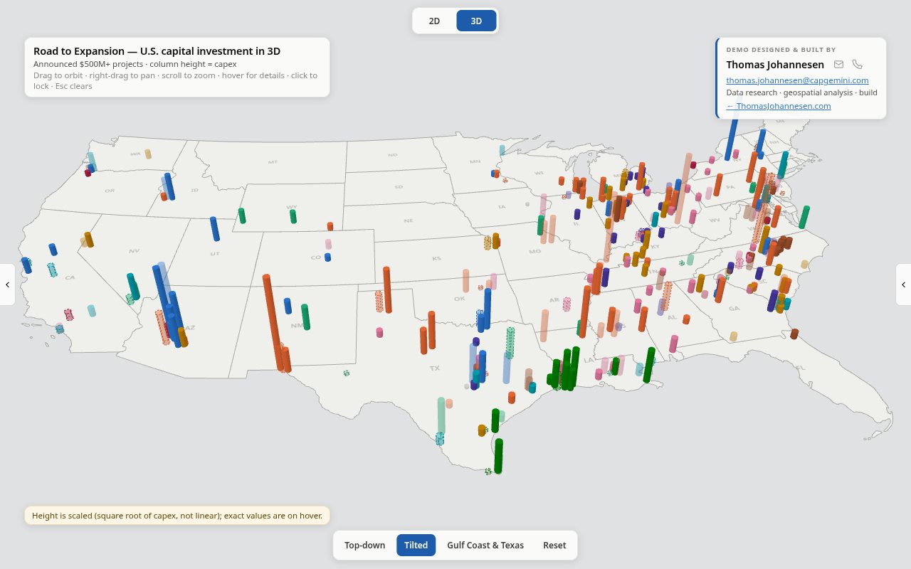 Road to Expansion 3D map: announced U.S. investment projects of $500M or more drawn as columns over the United States, height scaled to capex